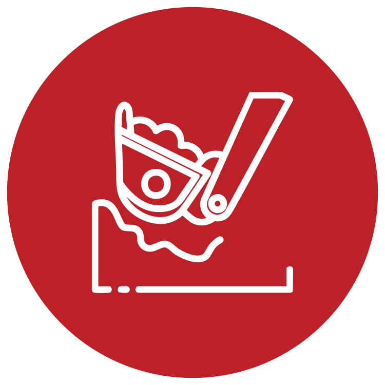 A red circular icon with a white line drawing of a bucket of popcorn and a Swiss Army knife.
