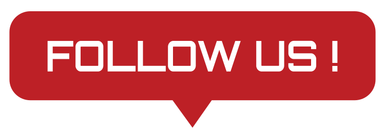 Red speech bubble with white text that says "Follow Us!"