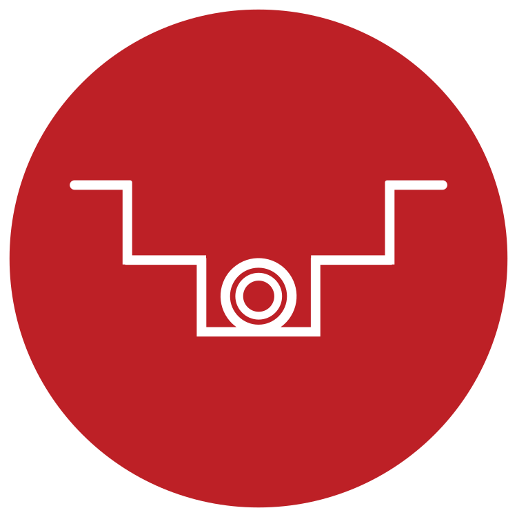 A red circle with a white, stylized robot face in the center that has a circular eye and a geometric outline.