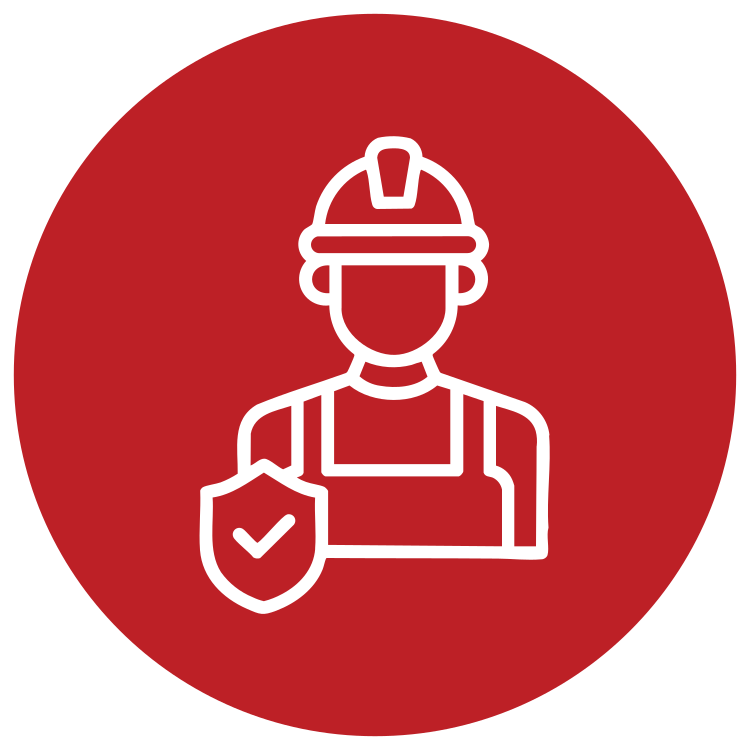Icon of a construction worker wearing a hard hat and apron, holding a shield with a check mark on it, on a red circular background.