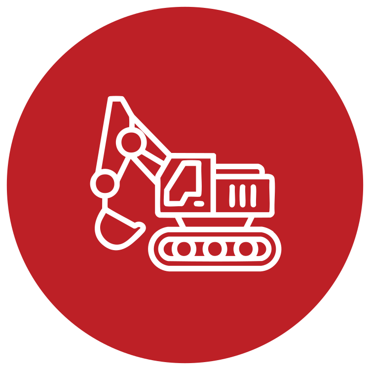 Outline of an excavator on a red circular background.