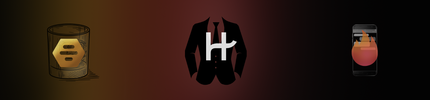 A graphic with three sections: a whiskey glass with a honeycomb symbol and tree illustration, a black suit with a white logo on the chest, and a smartphone with a flame icon on the screen.