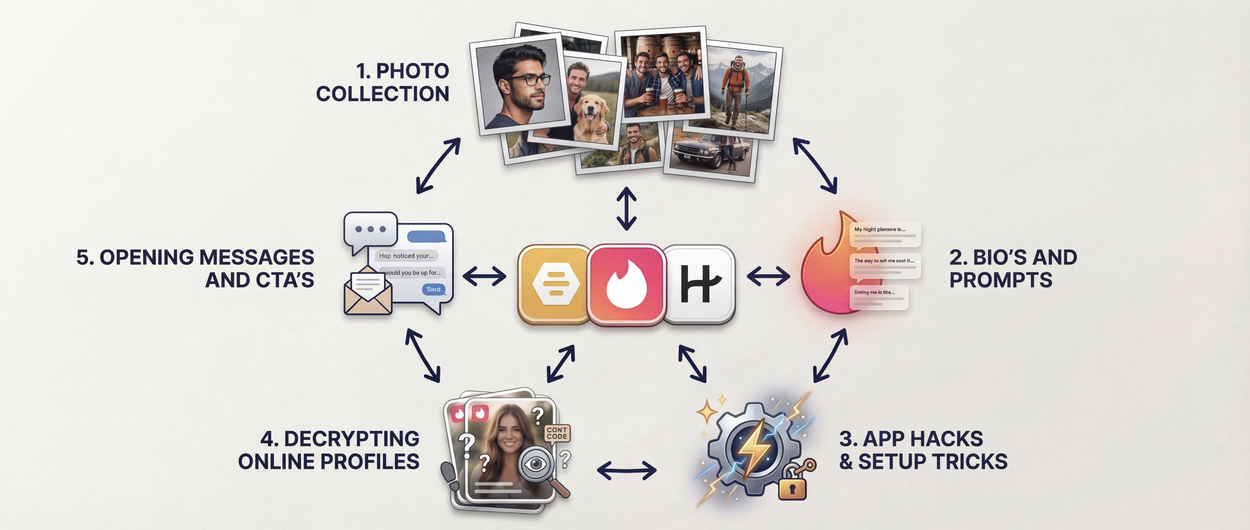 A diagram illustrating the steps of a dating app profile creation, including photo collection, bios and prompts, app hacks and setup tricks, decrypting online profiles, opening messages and CTAs, with representative icons and photos of people and activities.