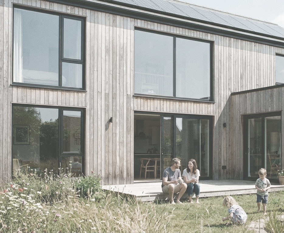 Modernes nachhaltiges Holzhaus mit Familie – ökologische Architektur, Baubiologie, wohngesundes Einfamilienhaus, natürliche Baustoffe, energieeffizientes Bauen und gesundes Wohnen
