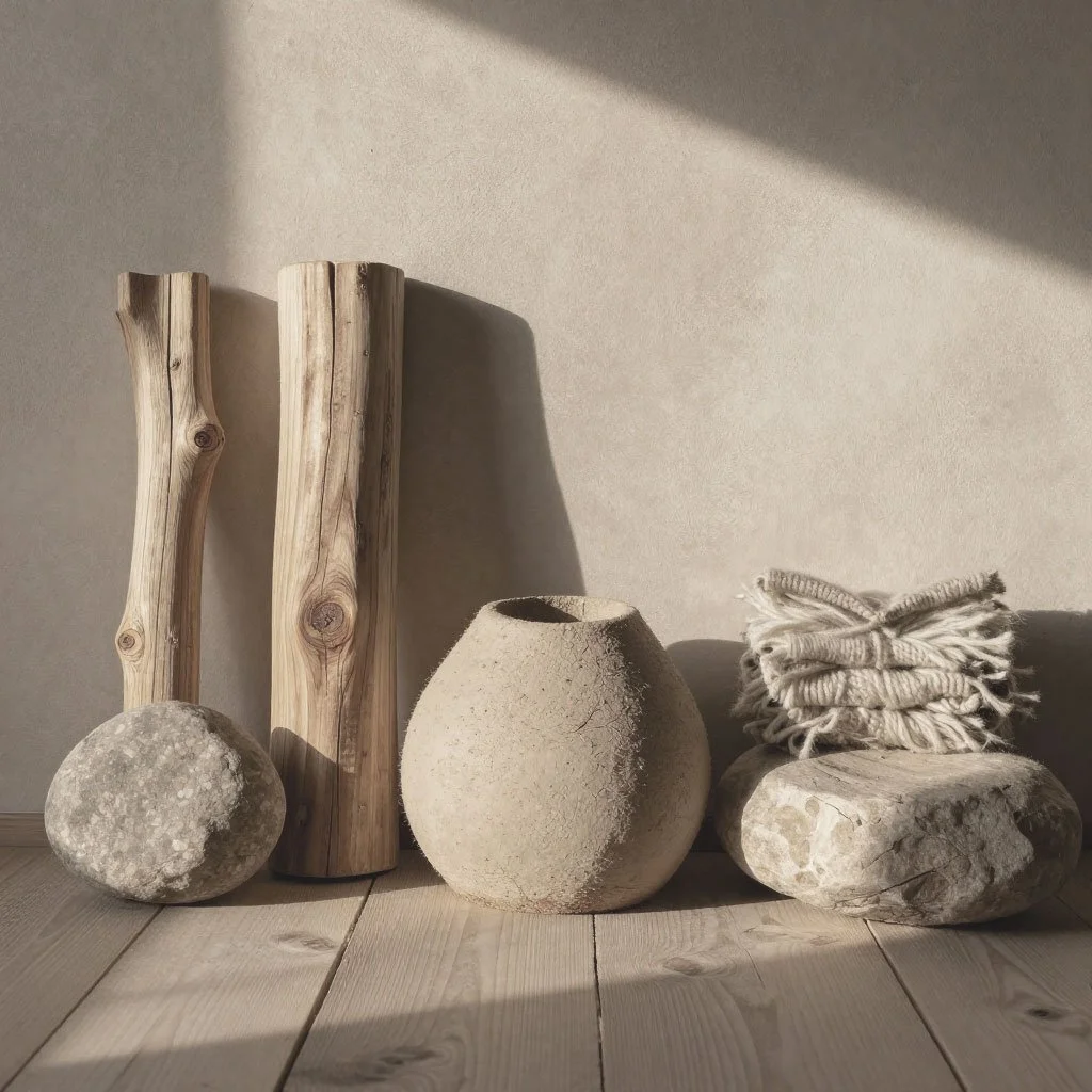 Naturmaterialien wie Holz, Lehm, Kalk, Stein, Wolle, Cellulose, Jute und Hanf – nachhaltiges Bauen, Baubiologie, ökologische Baustoffe, schadstofffreie Materialien und gesundes Wohnen