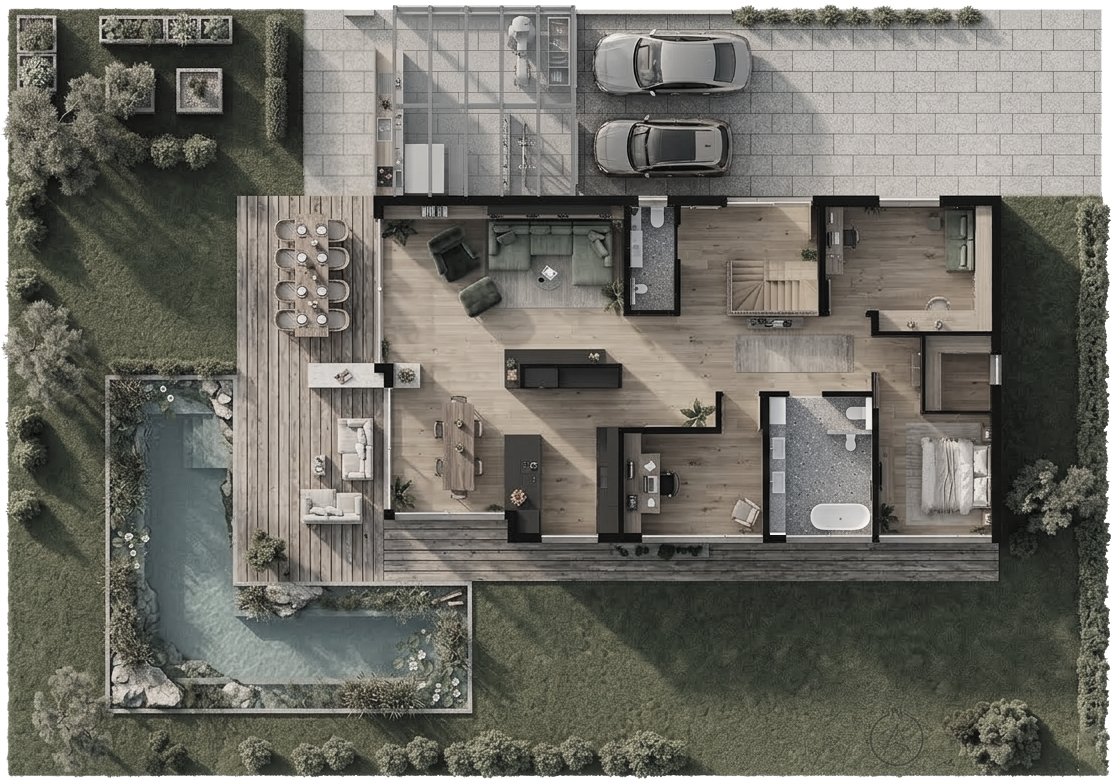 Planung & Gestaltung: Grundriss eines nachhaltigen Einfamilienhauses mit durchdachter Raumplanung – ökologische Architektur, Baubiologie, wohngesundes Bauen, funktionale Raumkonzepte und energieeffiziente Planung