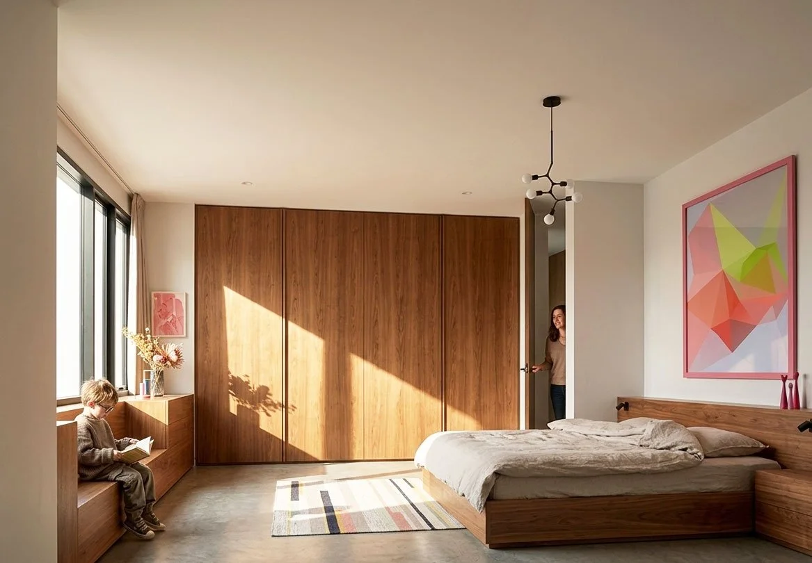 Gestaltung Schlafbereich, Schlafzimmer, baubiologisch & gesund mit individuellen Einbaumöbeln wie Bett, Schrank, Sideboard mit Sitzbank aus natürlichen unversiegelten Materialien