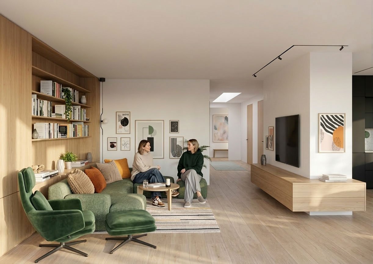 Offener, durchdachter Wohnbereich (Planung) mit langlebigen Materialien wie Holz, Stein, Edelstahl sowie gesunder Beleuchtung – nachhaltiges Interior Design, ökologische Innenarchitektur, Baubiologie und wohngesunde Raumgestaltung