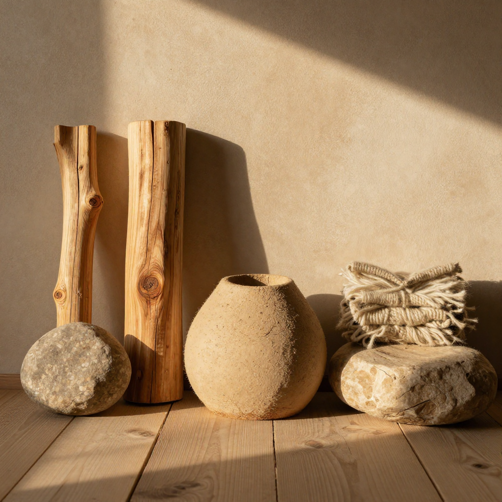 Naturmaterialien wie Holz, Lehm, Kalk, Stein, Wolle, Cellulose, Jute und Hanf – nachhaltiges Bauen, Baubiologie, ökologische Baustoffe, schadstofffreie Materialien und gesundes Wohnen