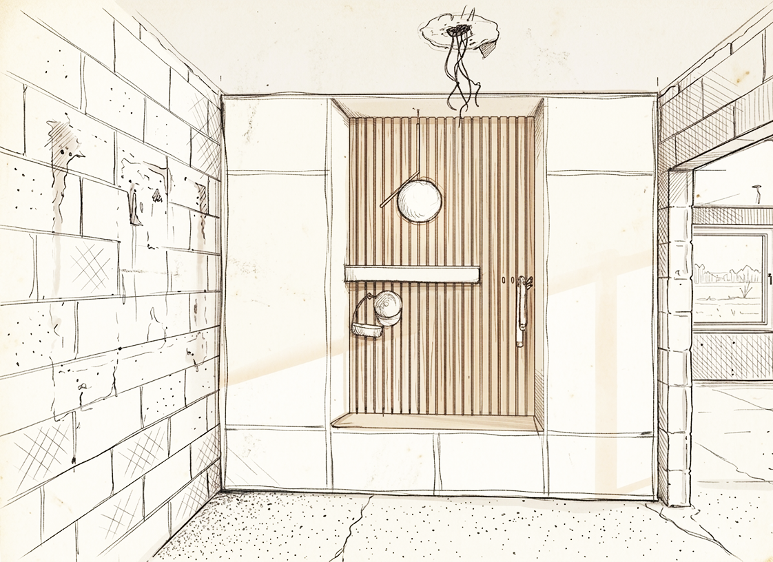 Vorher: Bestand 70er Jahre Altbau - Sanierung + Rückbau - Rohbau - Planungs- & Gestaltungsprozess unter Berücksichtigung der Kundenwünsche und der Wohngesundheit mit schadstofffreien und regionalen Baustoffen - Weiterentwicklung durch Skizze