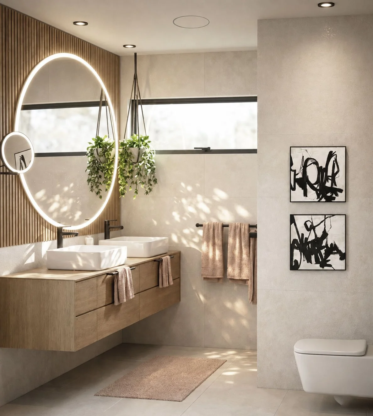 Modernes Duschbad / Badplanung mit Holz, Stein, Lehmputz - natürlichen Oberflächen und ruhiger Gestaltung – nachhaltiges Interior Design, ökologische Materialien, Baubiologie, wohngesunde Innenräume und gesundes Raumklima