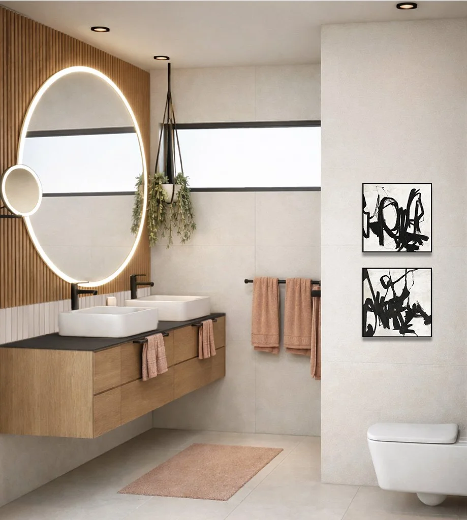 Modernes Badezimmer / Badplanung mit Holz, Stein, Lehmputz - natürlichen Oberflächen und ruhiger Gestaltung – nachhaltiges Interior Design, ökologische Materialien, Baubiologie, wohngesunde Innenräume und gesundes Raumklima