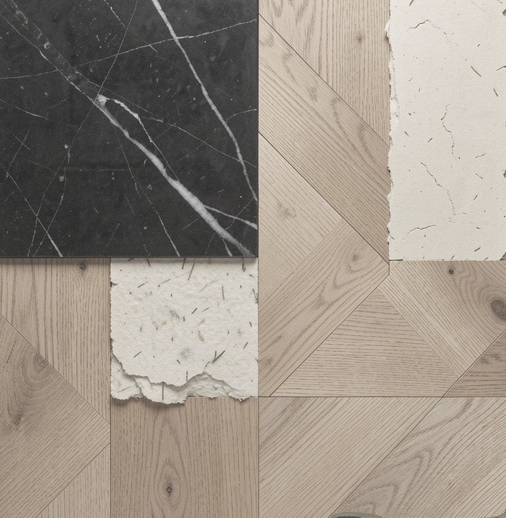 Materialmix aus Holz, Lehm, Naturstein, Kalk, Cellulose und Pflanzenfasern – nachhaltige Materialien, ökologische Architektur, Baubiologie, wohngesunde Baustoffe und schadstofffreie Innenräume