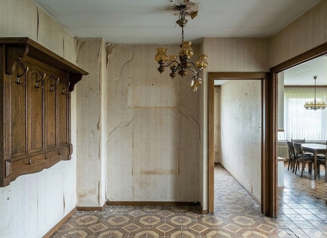 Vorher: Bestand 70er Jahre Altbau - Bestandsanalyse der vorhandenen Bausubstanz und den verbauten Materialien - Analyse Bauschadstoffe - Bestandsaufnahme vor dem Planungs- und Gestaltungsprozess