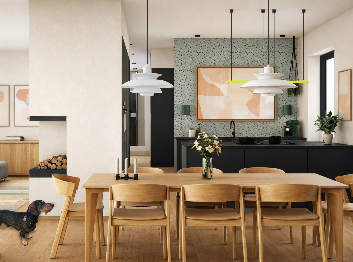 Offene, durchdachte Küche (Planung) mit Essbereich und langlebigen Materialien wie Holz, Stein, HPL und Terrazzo sowie gesunder Beleuchtung – nachhaltiges Interior Design, ökologische Innenarchitektur, Baubiologie und wohngesunde Raumgestaltung