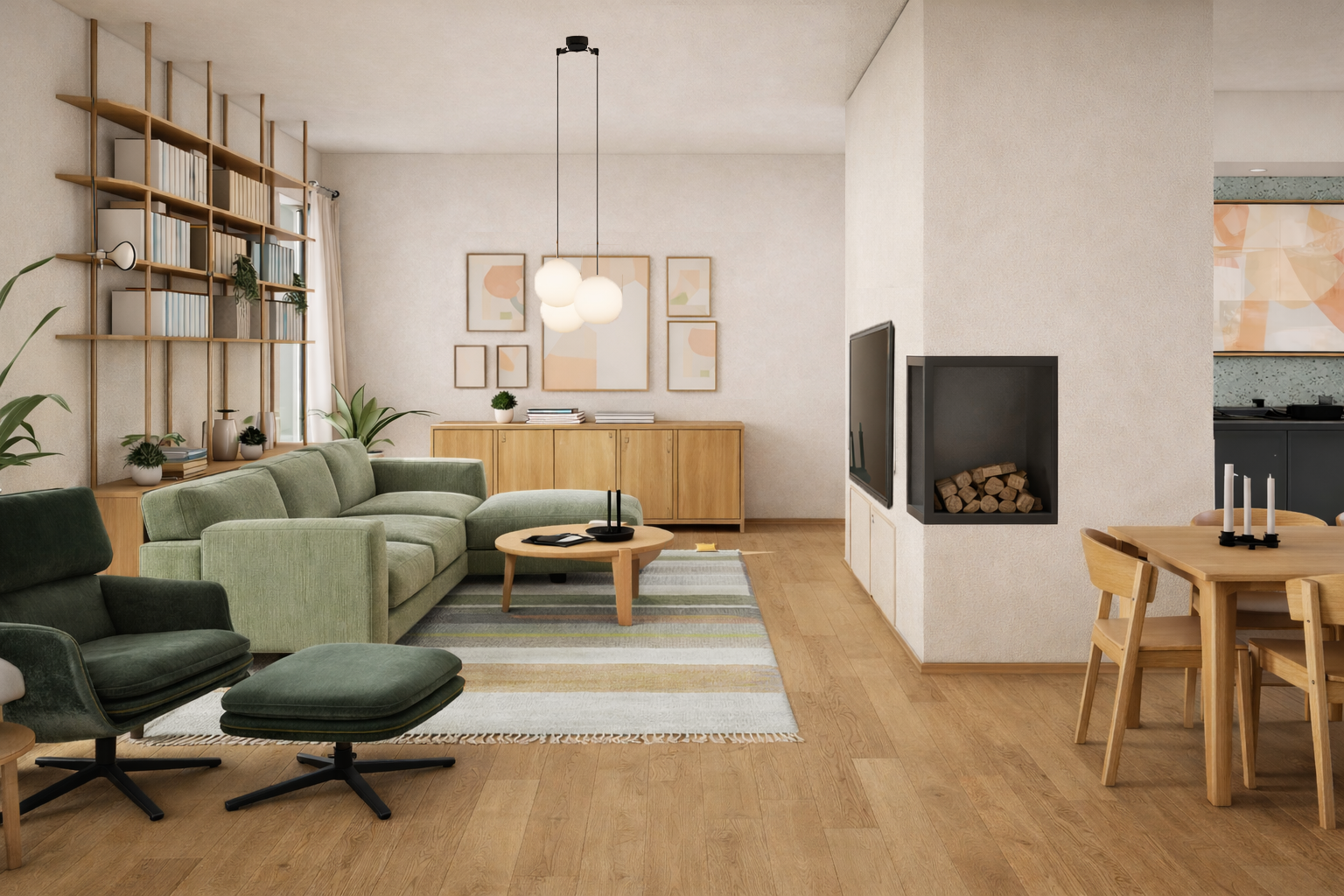 Helles Wohnzimmer mit schadstofffreien Möbeln und Textilien, maßgefertigtem Holzregal und offenem Essbereich im Japandi-Stil – nachhaltiges Interior Design, Baubiologie, ökologische Materialien und wohngesunde Raumgestaltung von modoru