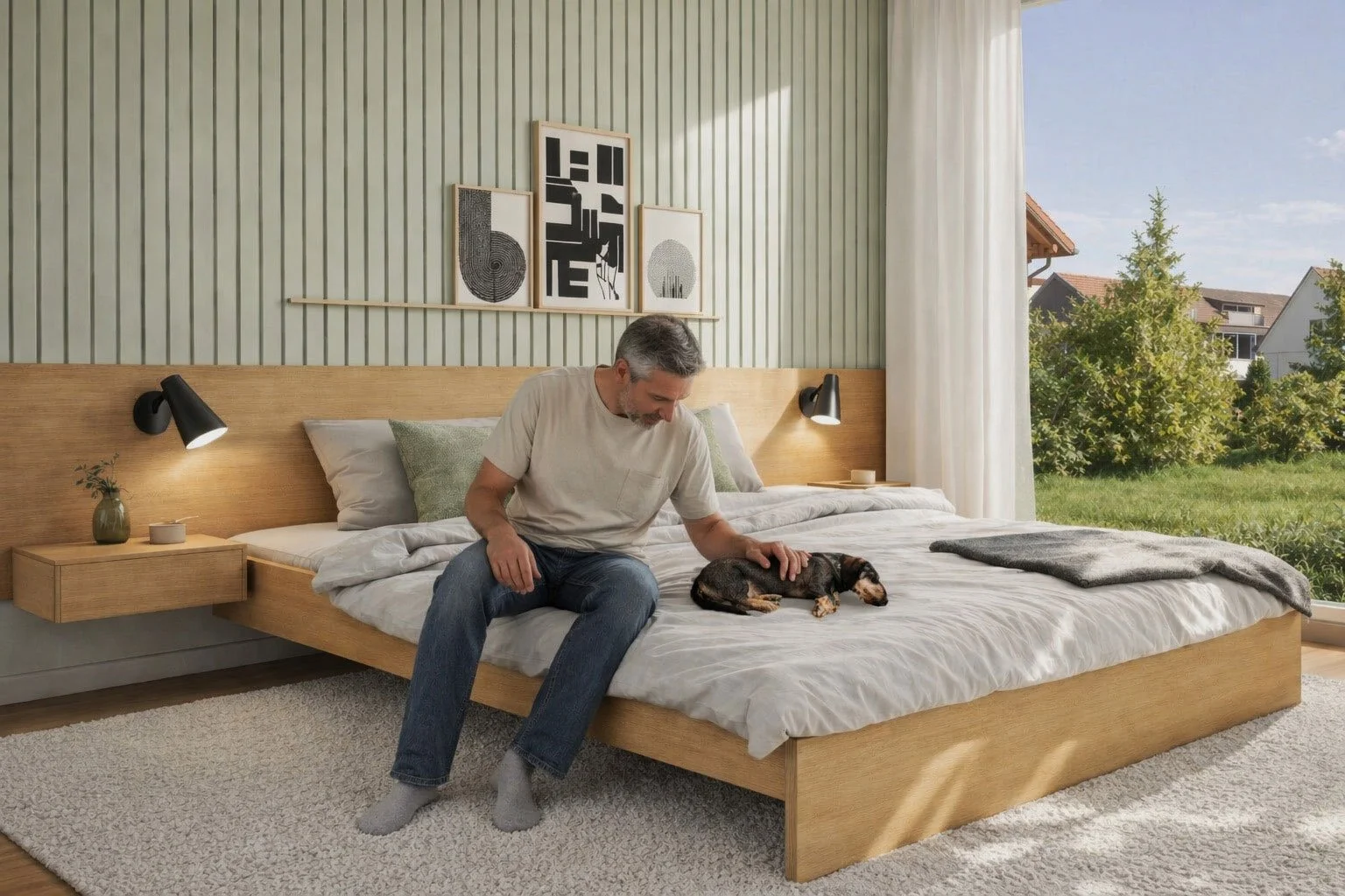 Gestaltung Schlafbereich, Schlafzimmer, baubiologisch & gesund mit individuellen Einbaumöbeln wie Bett mit passendem Kopfteil und Nachtschränken aus natürlichen unversiegelten Hölzern