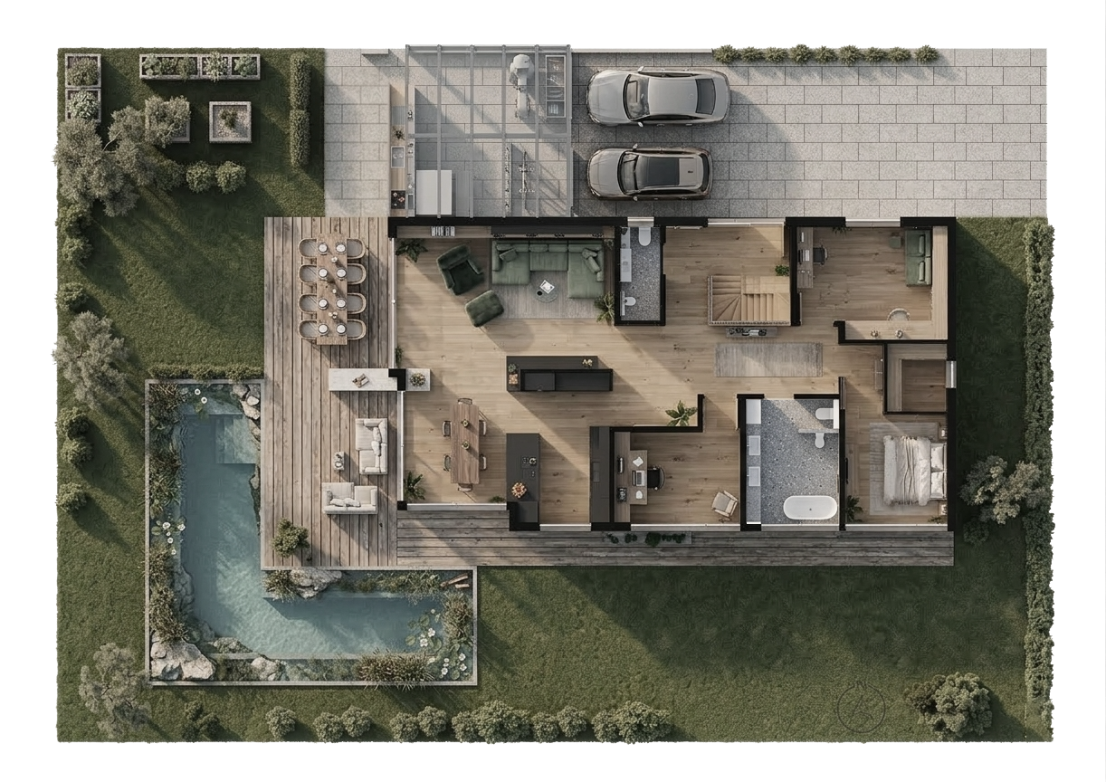 Planung & Gestaltung: Grundriss eines nachhaltigen Einfamilienhauses mit durchdachter Raumplanung – ökologische Architektur, Baubiologie, wohngesundes Bauen, funktionale Raumkonzepte und energieeffiziente Planung