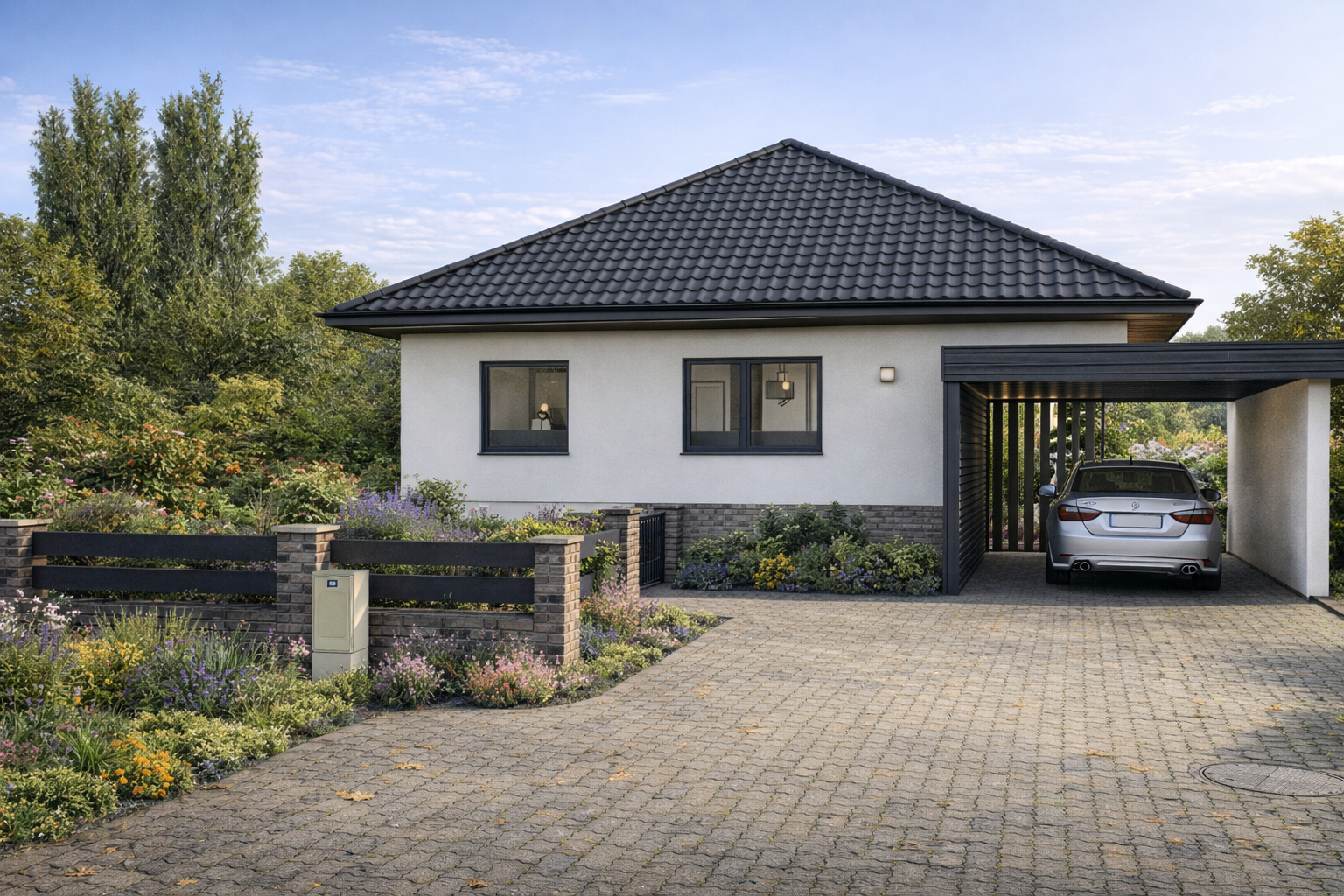 Visualisierung Hausansicht, minimalistisch von modoru mit modernem Carport, gepflasterter Einfahrt und professioneller Vorgartengestaltung - ökologischer Garten - baubiologisch gesund und umweltfreundlich Leben