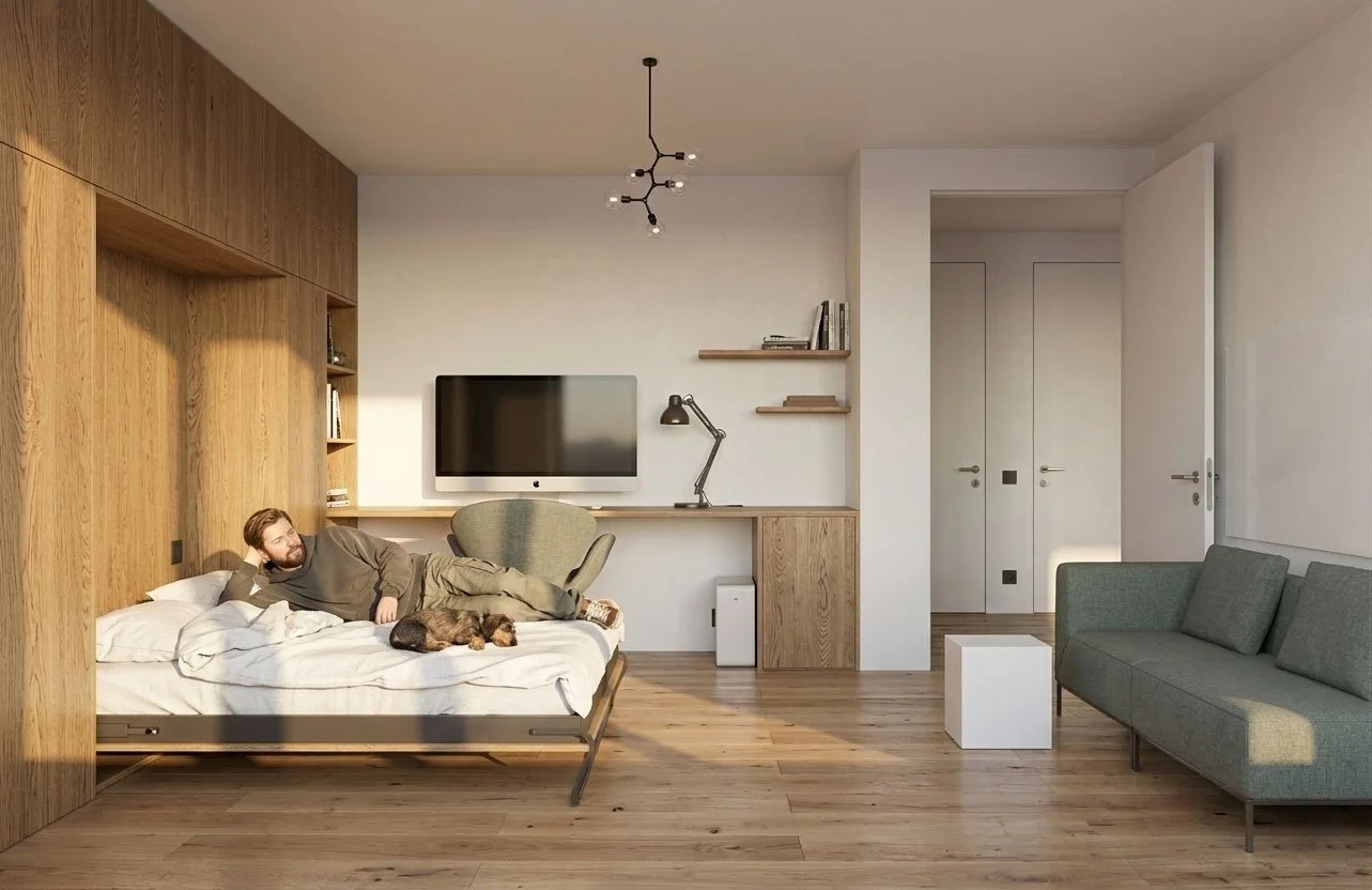 Gestaltung Arbeits- und Schlafbereich, Gästezimmer + Arbeitszimmer, baubiologisch & gesund mit individuellen Einbaumöbeln wie Wandbett, Schrankbett, Murphy Bed mit Einbauschrank & viel Stauraum + Arbeitsplatz aus natürlichen unversiegeltem Eichenholz