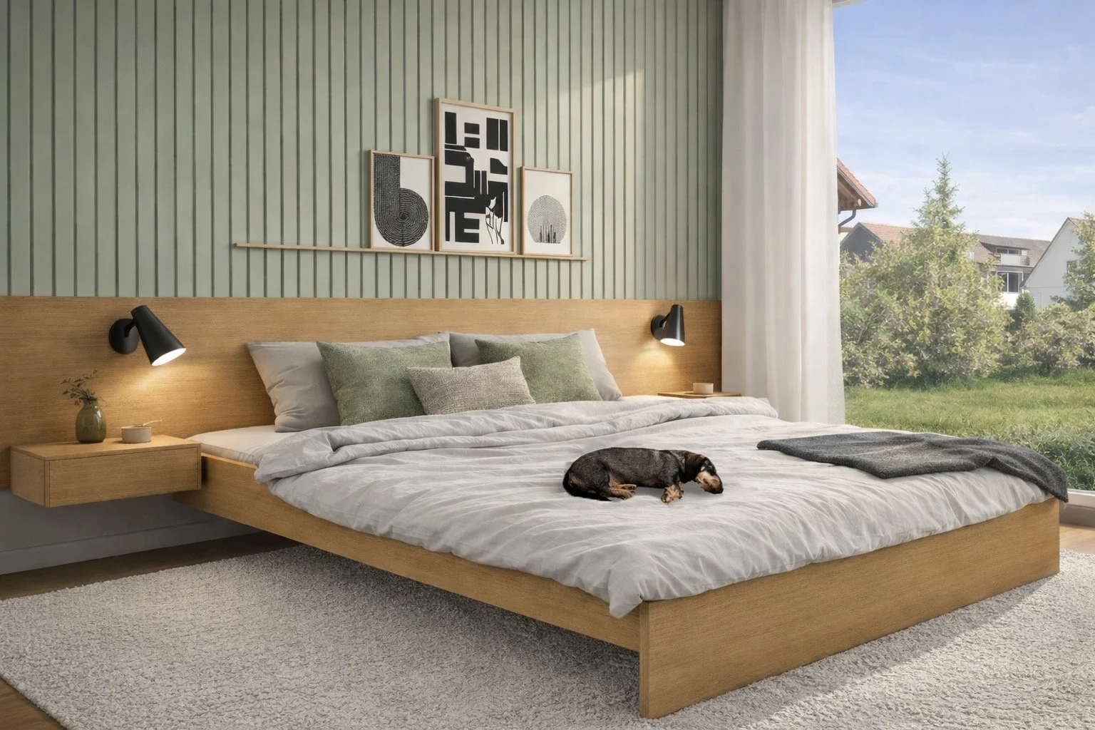 Minimalistisches Schlafzimmer mit massivem Eichenholz, Holzpaneelen, schadstofffreiem Teppich und sanfter Beleuchtung – nachhaltiges Interior Design von modoru, Baubiologie, ökologische Materialien und gesundes Raumklima