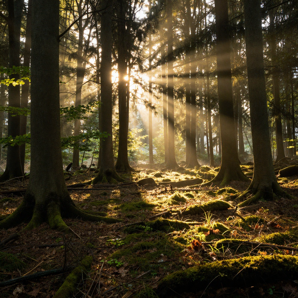 Natürlicher Wald mit Sonnenlicht – nachhaltige Architektur Inspiration, ökologische Materialien, Holzbau, Baubiologie, gesundes Raumklima und naturverbundenes Interior Design