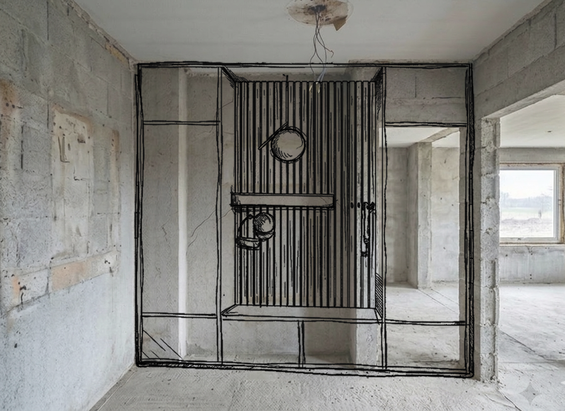 Vorher: Bestand 70er Jahre Altbau - Sanierung + Rückbau - Rohbau - Planungs- & Gestaltungsprozess unter Berücksichtigung der Kundenwünsche und der Wohngesundheit mit schadstofffreien und regionalen Baustoffen