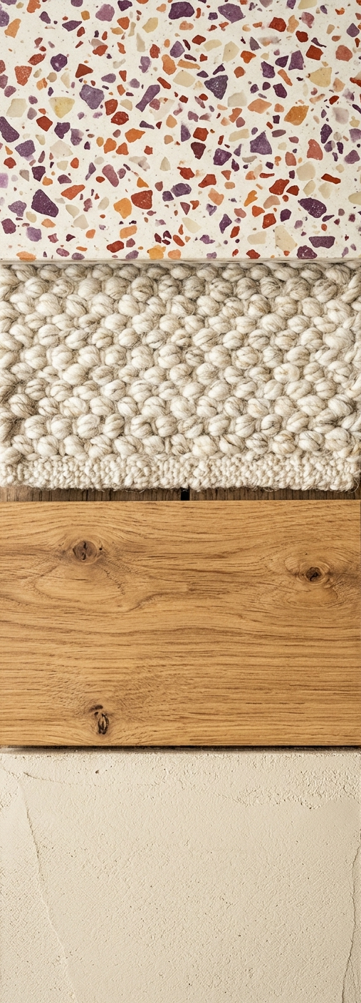 Materialboard von modoru mit kuratierter Materialpalette aus buntem Terrazzo, grobem Wollteppich, rustikaler Eiche und strukturierter Putzwand – nachhaltige Materialien, Baubiologie, ökologische Innenarchitektur und wohngesunde Raumgestaltung
