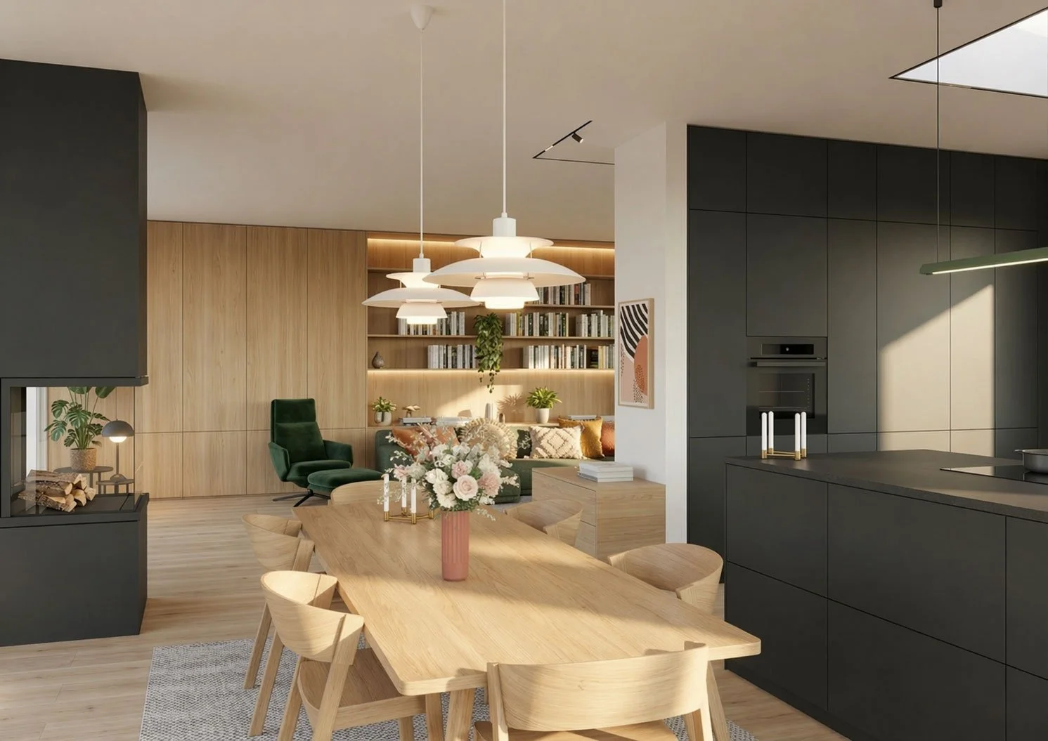 Offener, durchdachter Wohnbereich (Planung) mit langlebigen Materialien wie Holz, Stein, Edelstahl sowie gesunder Beleuchtung – nachhaltiges Interior Design, ökologische Innenarchitektur, Baubiologie und wohngesunde Raumgestaltung