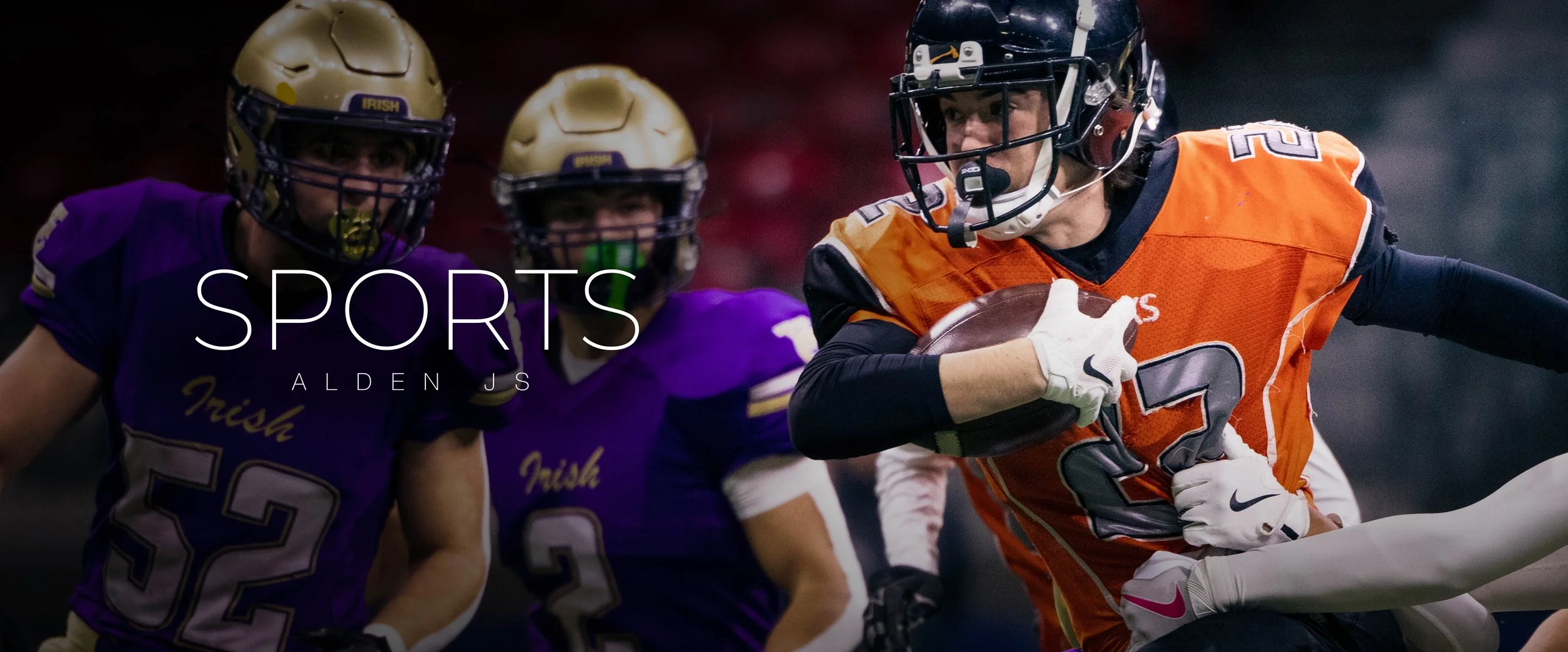 A football player in an orange jersey with the number 2 running with the ball, being chased by two players in purple jerseys with the word 'Irish' and gold helmets, during a game.