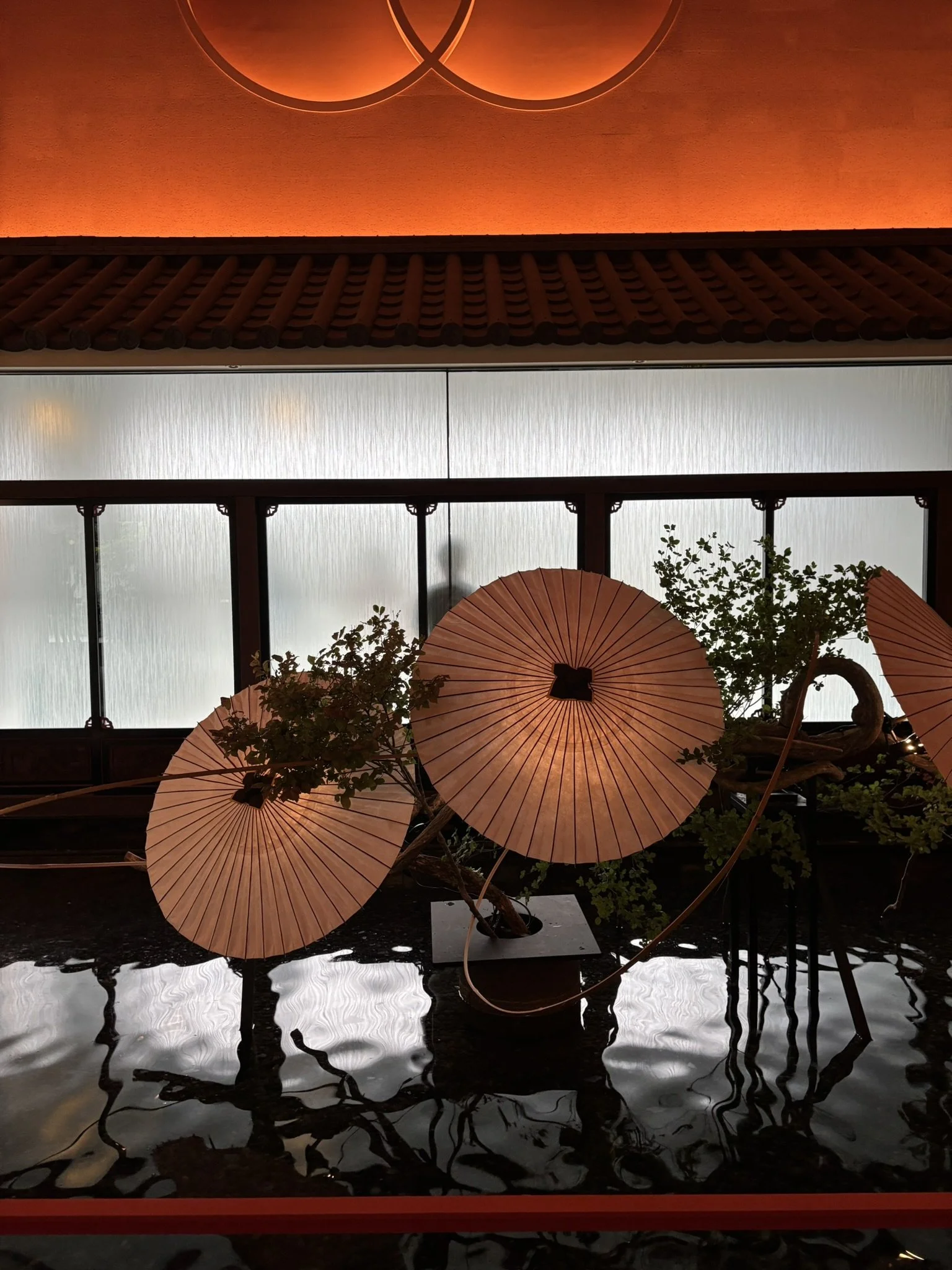 Decorative arrangement with traditional parasols and greenery in a setting with water and a frosted glass window, illuminated by warm lighting.