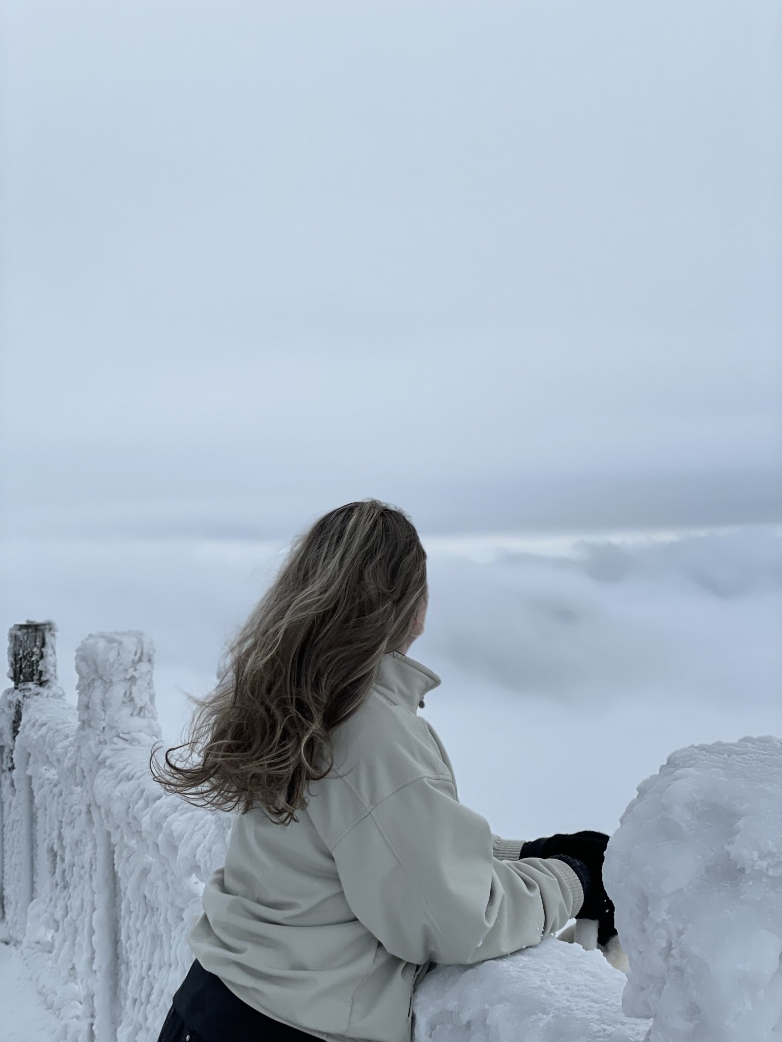 A woman with long hair wearing a light-colored jacket and black gloves leans on a snow-covered railing, looking at foggy mountains in the distance during winter.