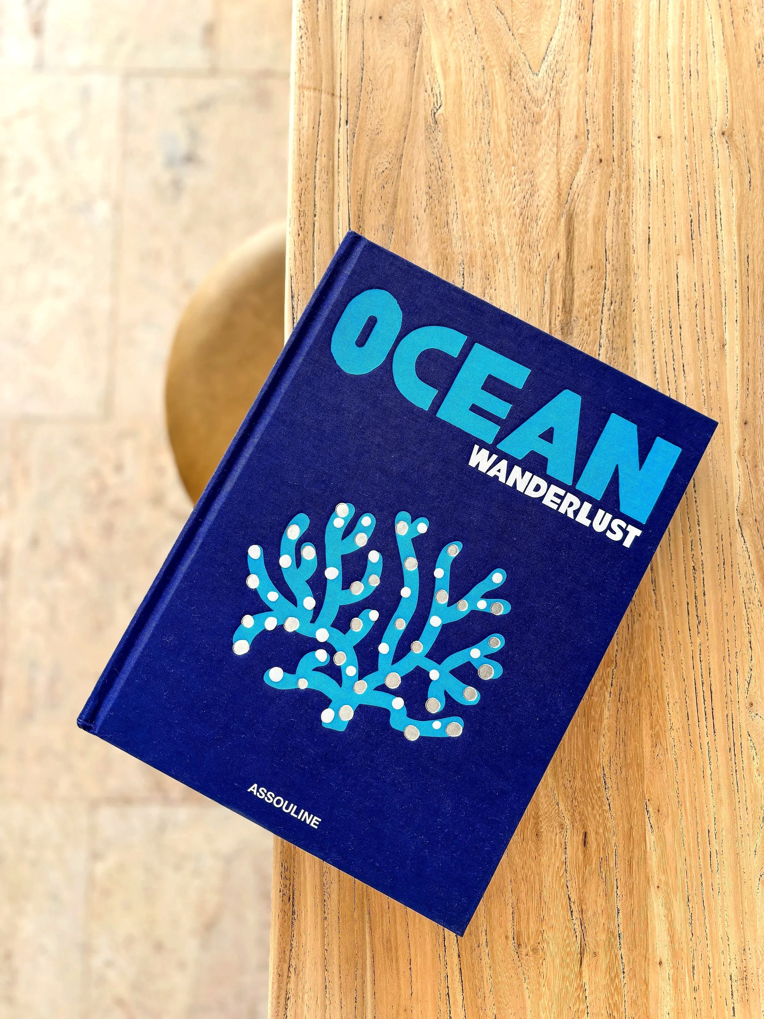 A blue hardcover book titled "Ocean Wanderlust" resting on a wooden surface.