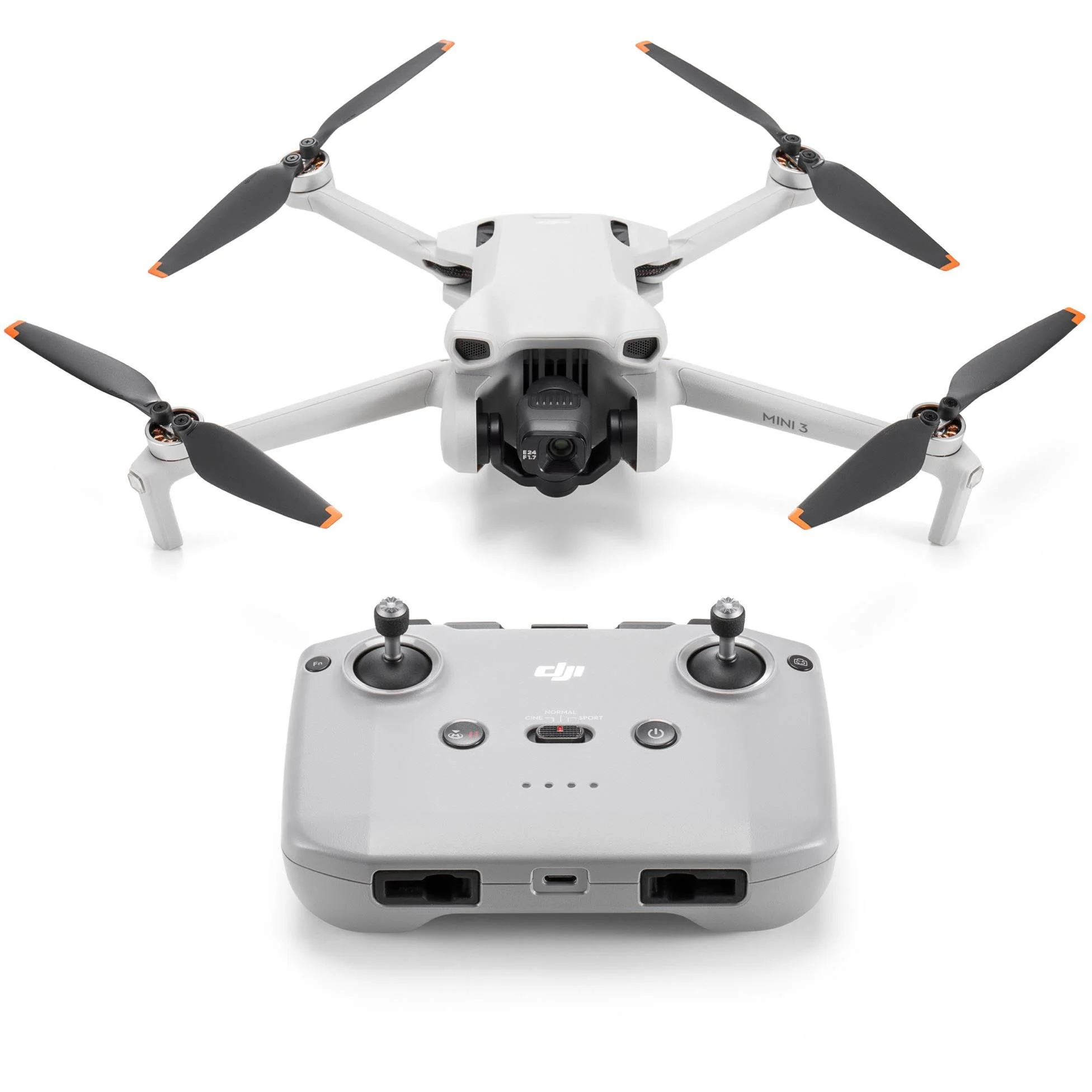 A DJI Mini 3 drone with a remote controller.