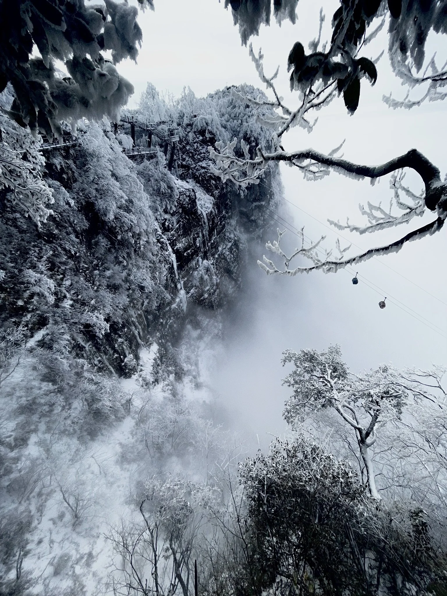 Snow-covered trees and rocks along a foggy canyon with a waterfall, with cable cars crossing the scene.