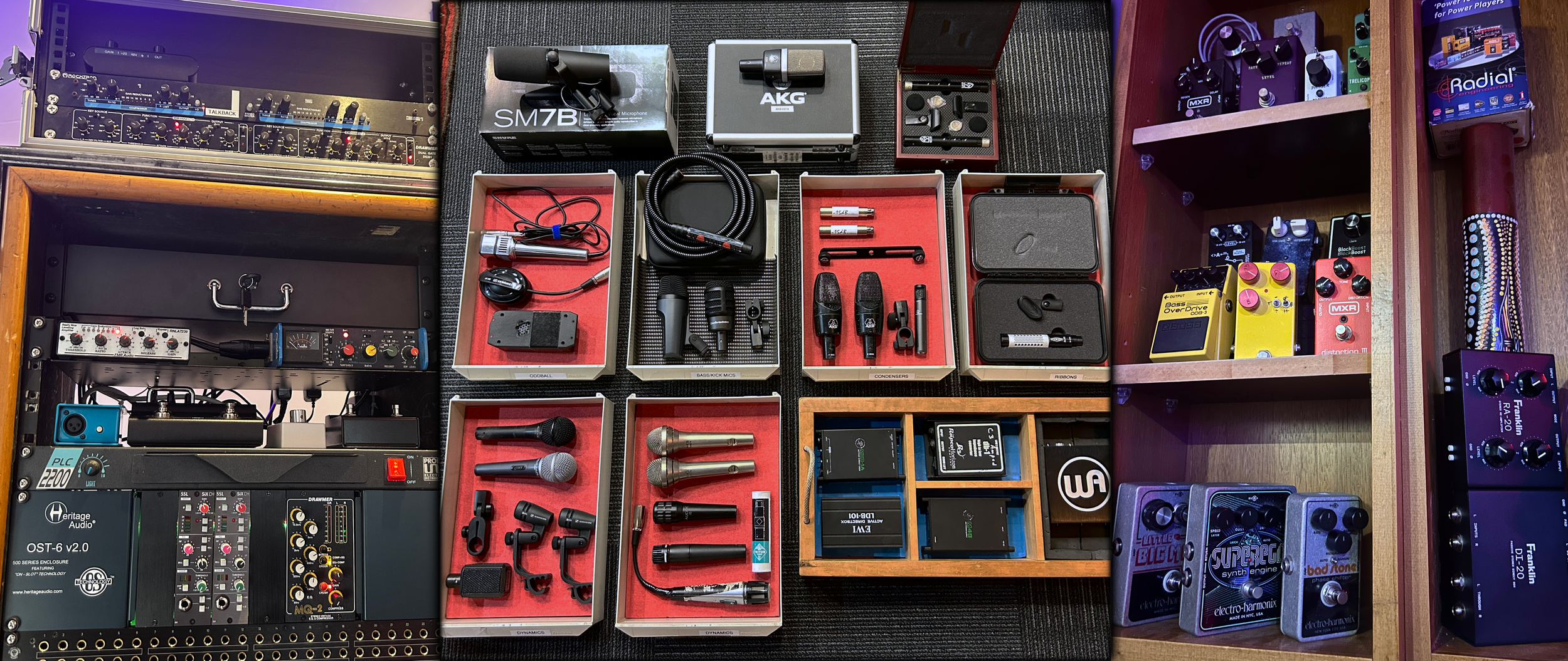 Music production and recording equipment with microphones, audio interfaces, guitar pedals, and associated accessories organized on shelves and in boxes.