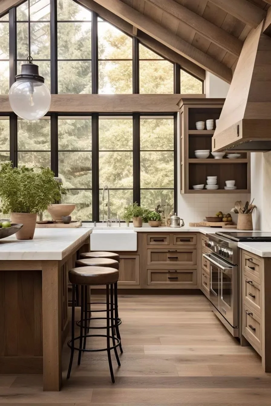 Portland metro real estate agent, Kitchen with large windows, wooden cabinets, a kitchen island with stools, potted herbs, and a stove.