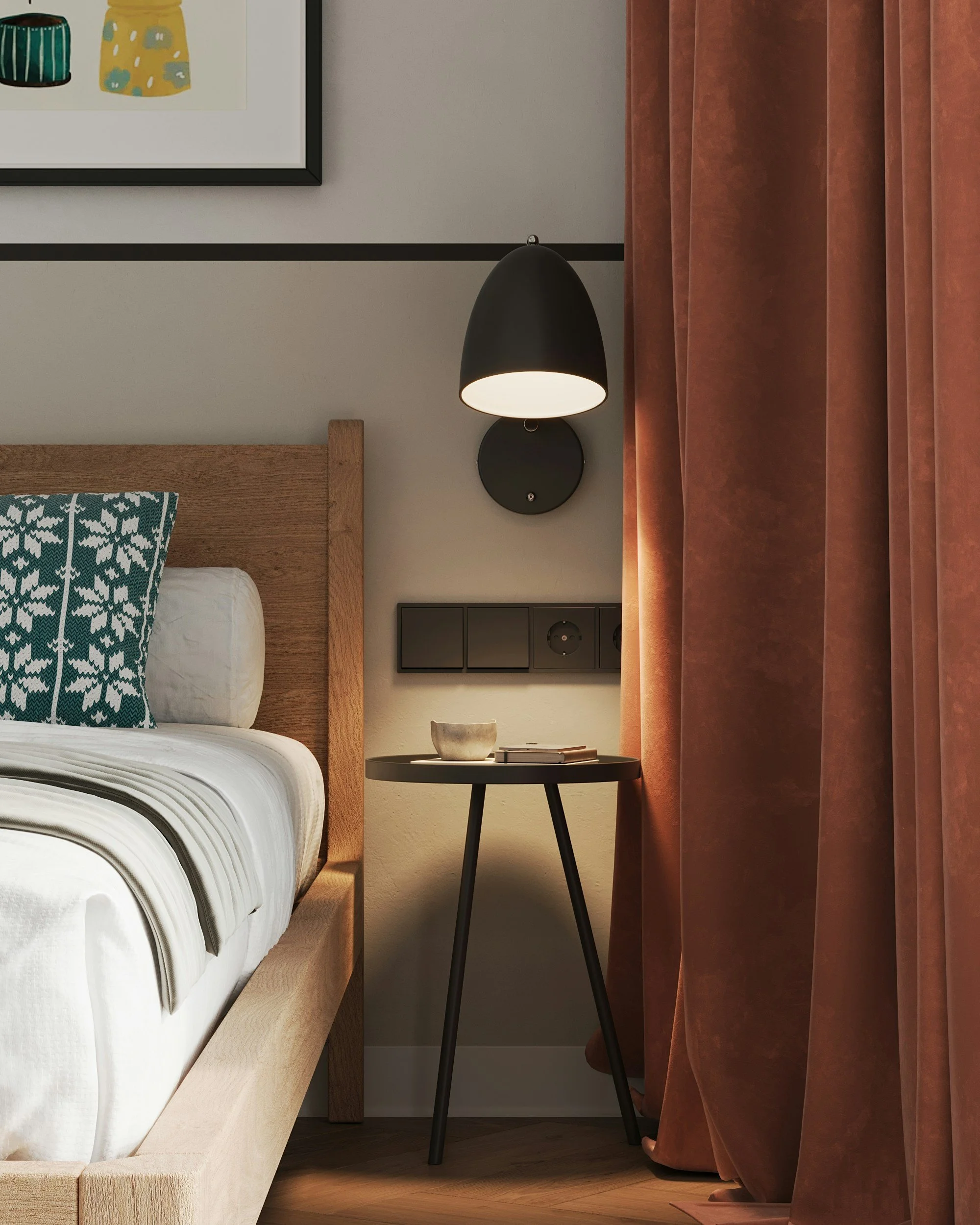 Portland metro real estate agent, A bedroom with a wooden bed, white bedding, and a pillow with a green and white pattern. Next to the bed, there's a black round side table with a small bowl and a book. 