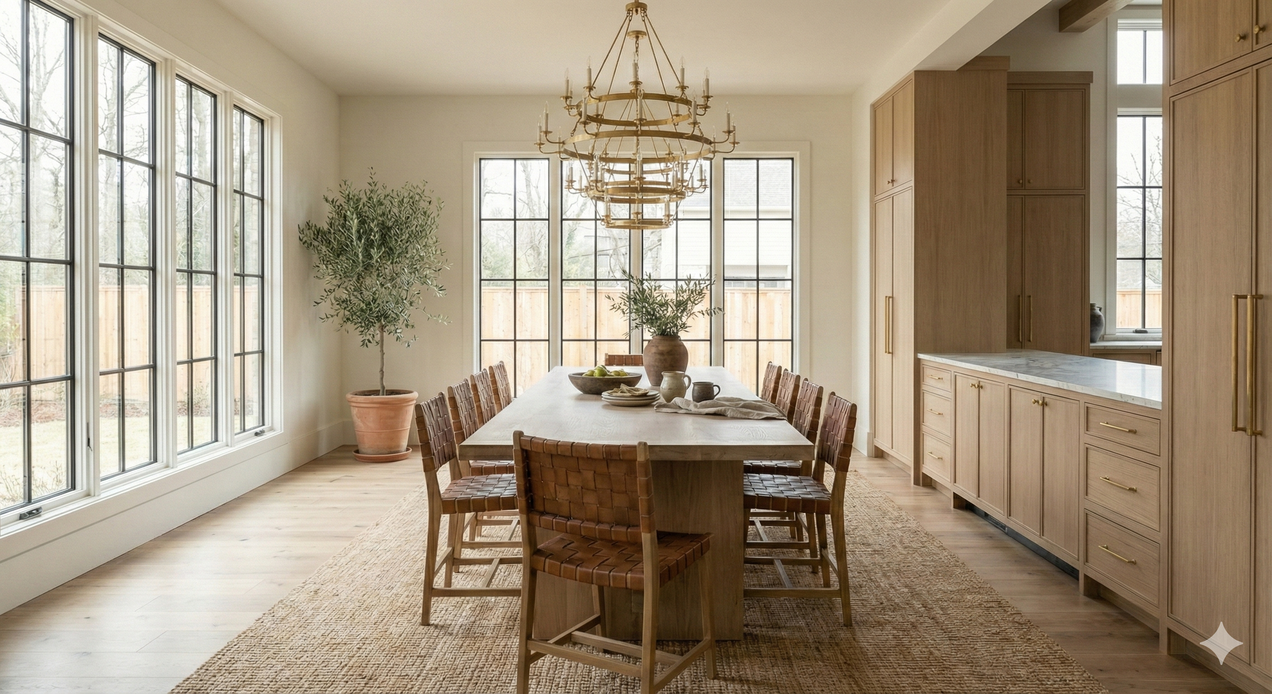 Portland metro real estate agent, Bright dining room with large windows, a wooden table with eight chairs, a chandelier above, and built-in wooden cabinets on the right.