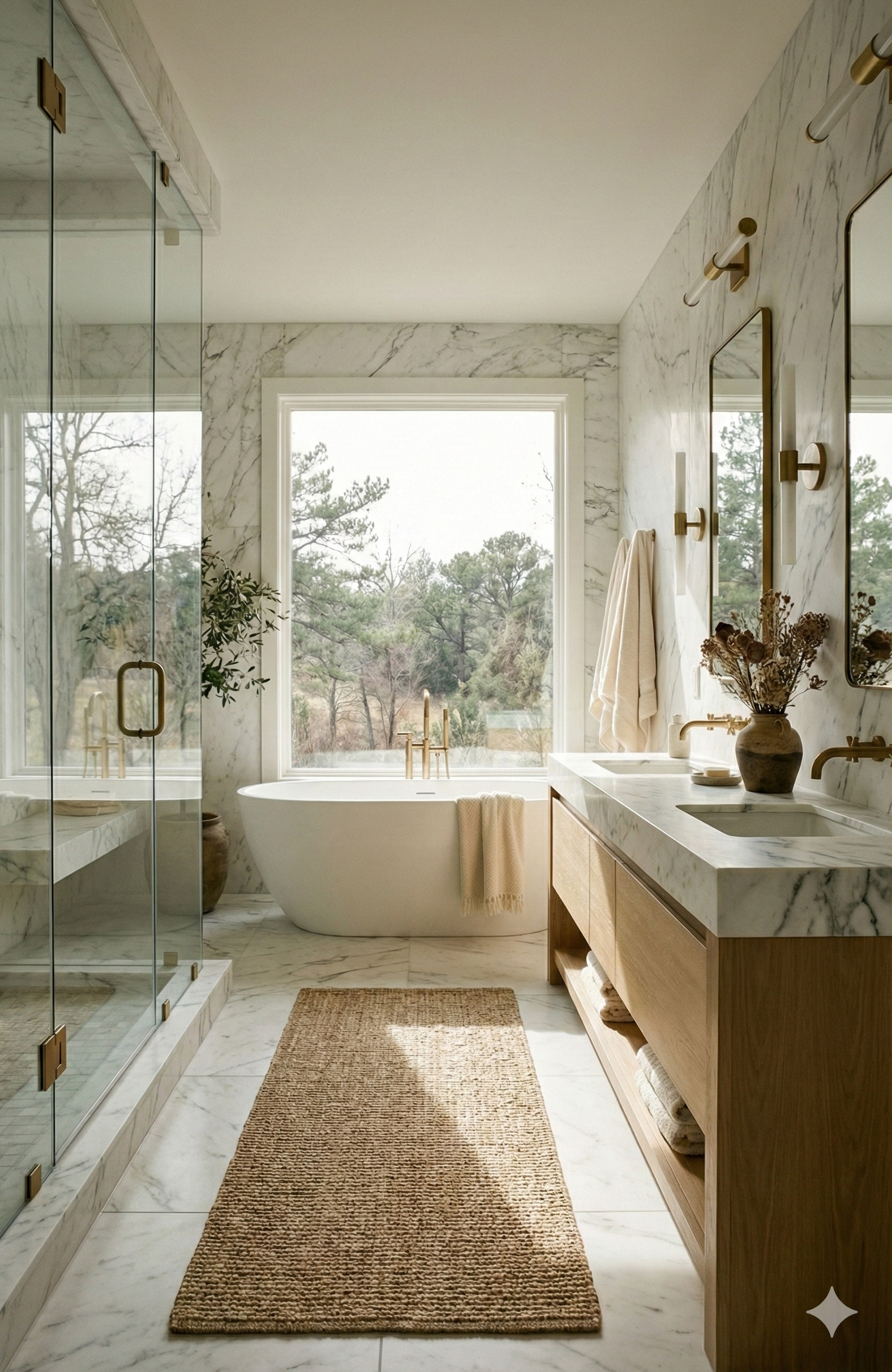 Portland metro real estate agent, Modern bathroom with a bathtub under a large window, marble walls and floor, glass shower enclosure on the left, wooden vanity with marble countertop on the right, and a brown woven rug in the center.