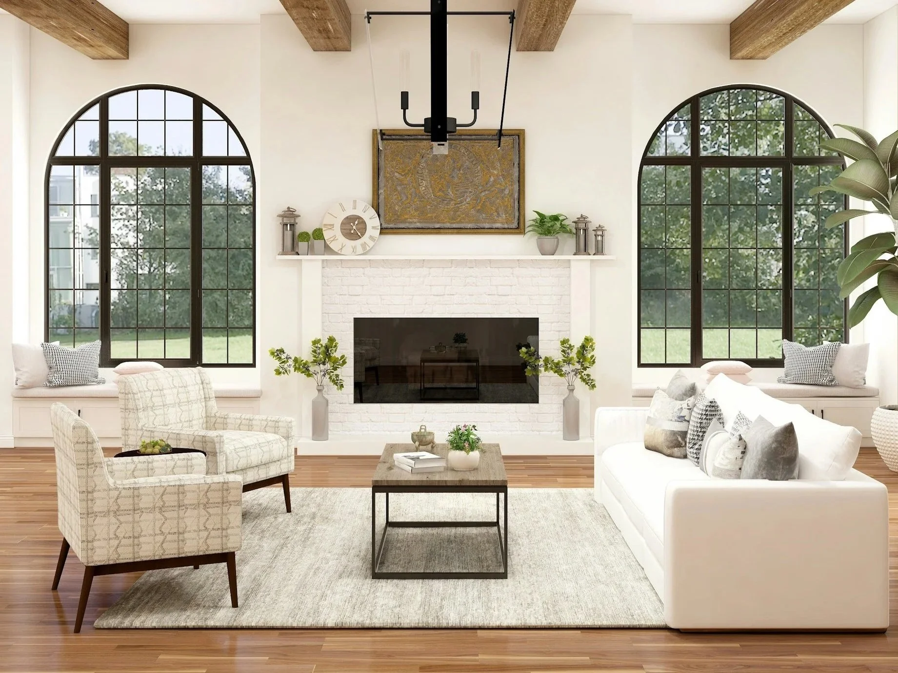 Portland metro real estate agent, Bright living room with large arched windows, a white brick fireplace, modern furniture, potted plants, and wooden ceiling beams.