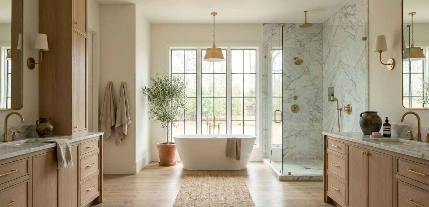 Portland metro real estate agent, A spacious bathroom with a freestanding bathtub in front of large windows, a walk-in marble shower, wooden vanities with marble countertops, and gold fixtures.