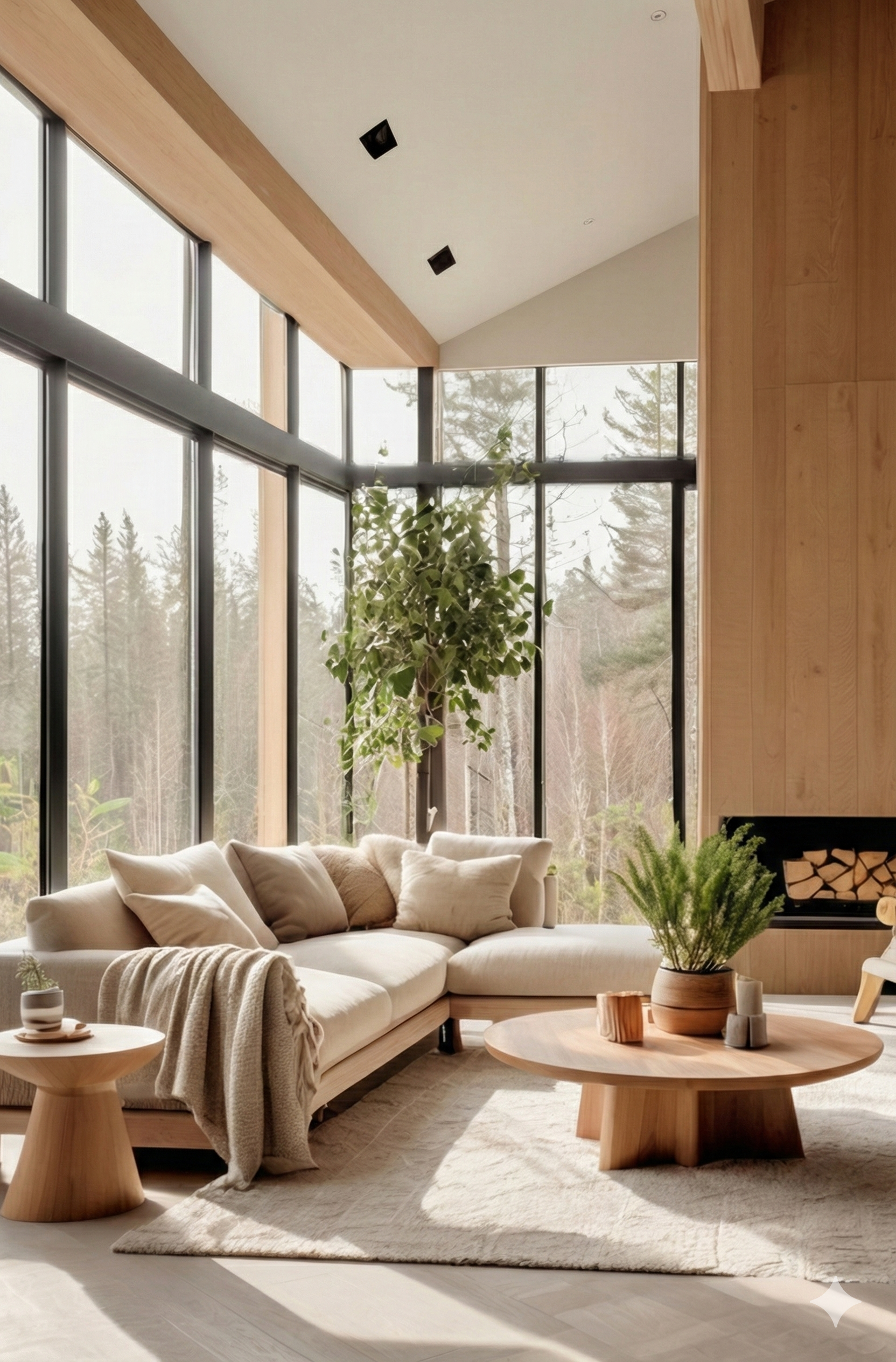 Portland metro real estate agent, Modern living room with large glass windows, beige sofa with throw pillows, a round wooden coffee table with decorative items and green plants, and view of trees outside.