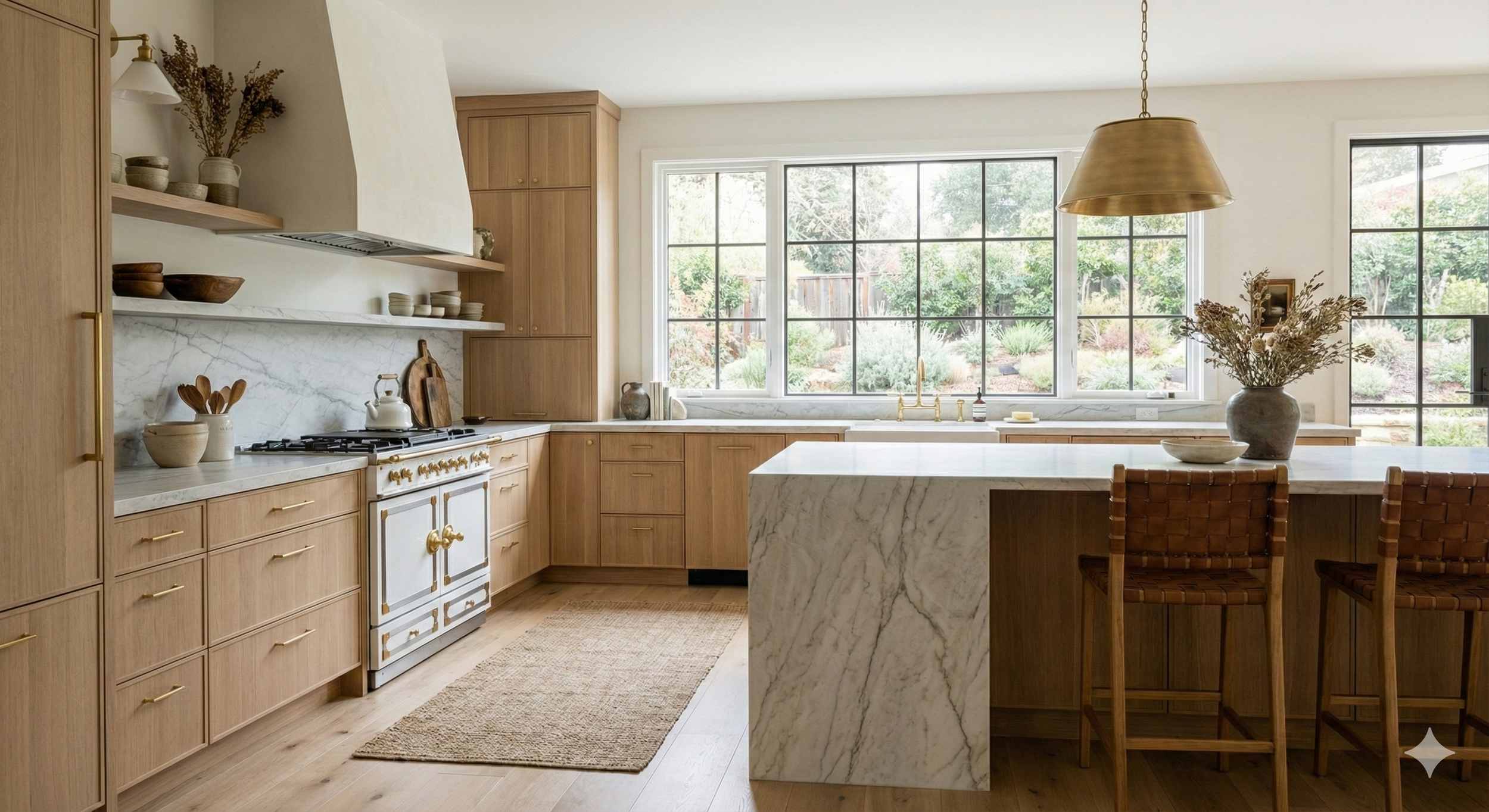 Portland metro real estate agent, Bright kitchen with light wood cabinets, marble countertops, and a large window overlooking a garden. Features gold hardware, a white oven, and a central marble island with two woven bar stools. 
