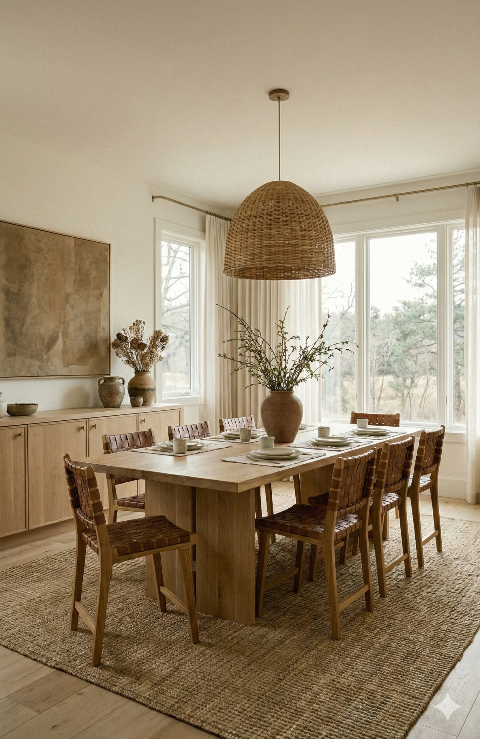 Portland metro real estate agent, Dining room with wooden table, wicker chairs, large window with curtains, hanging woven light fixture, vase with branches as centerpiece, sideboard with vases and artwork, neutral color palette, textured rug.