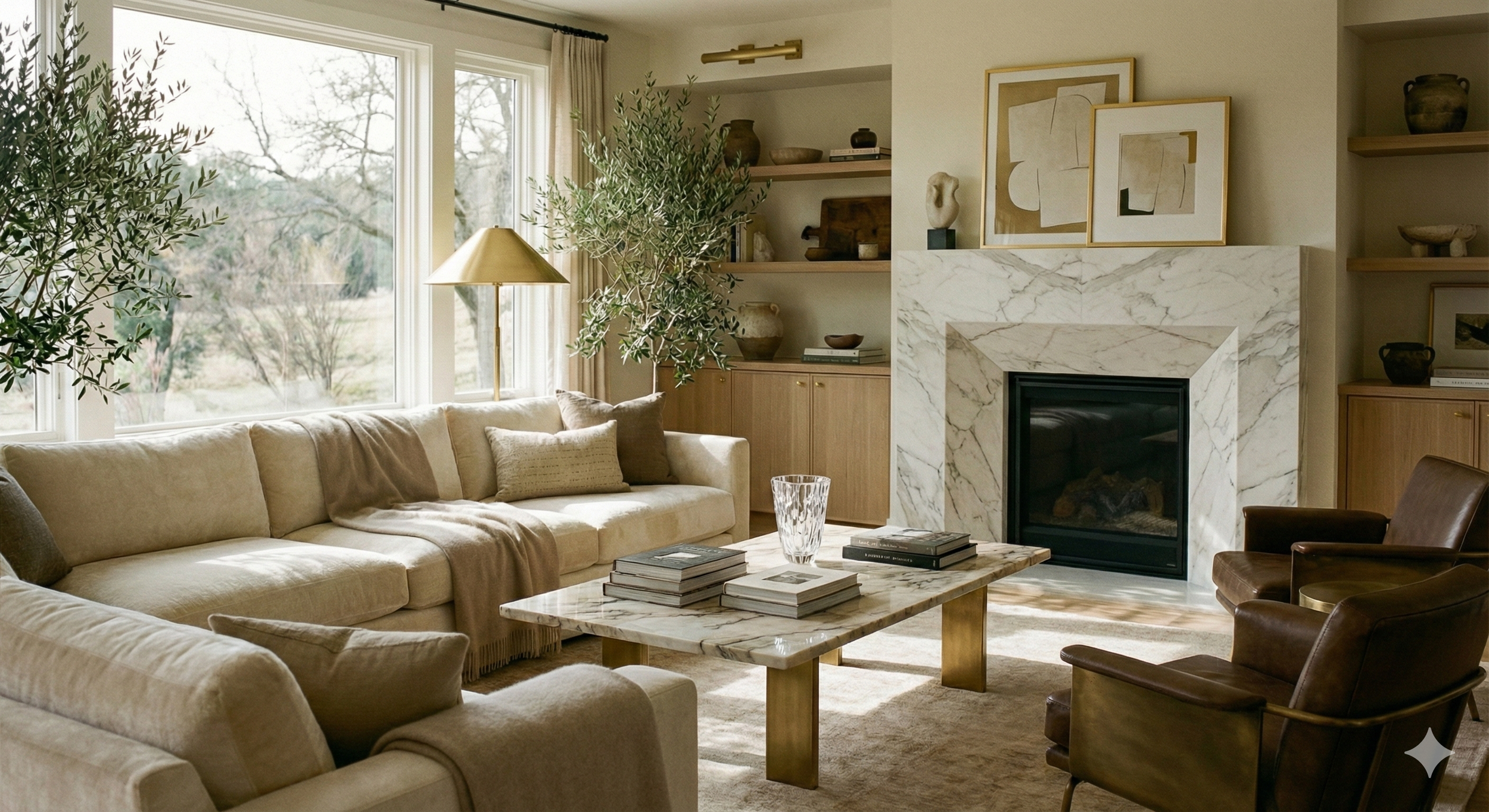 Portland metro real estate agent, A cozy living room with a large cream sectional sofa, a marble fireplace, and a wooden coffee table. The room features large windows with beige curtains, a green potted tree, and decorative art on the walls.