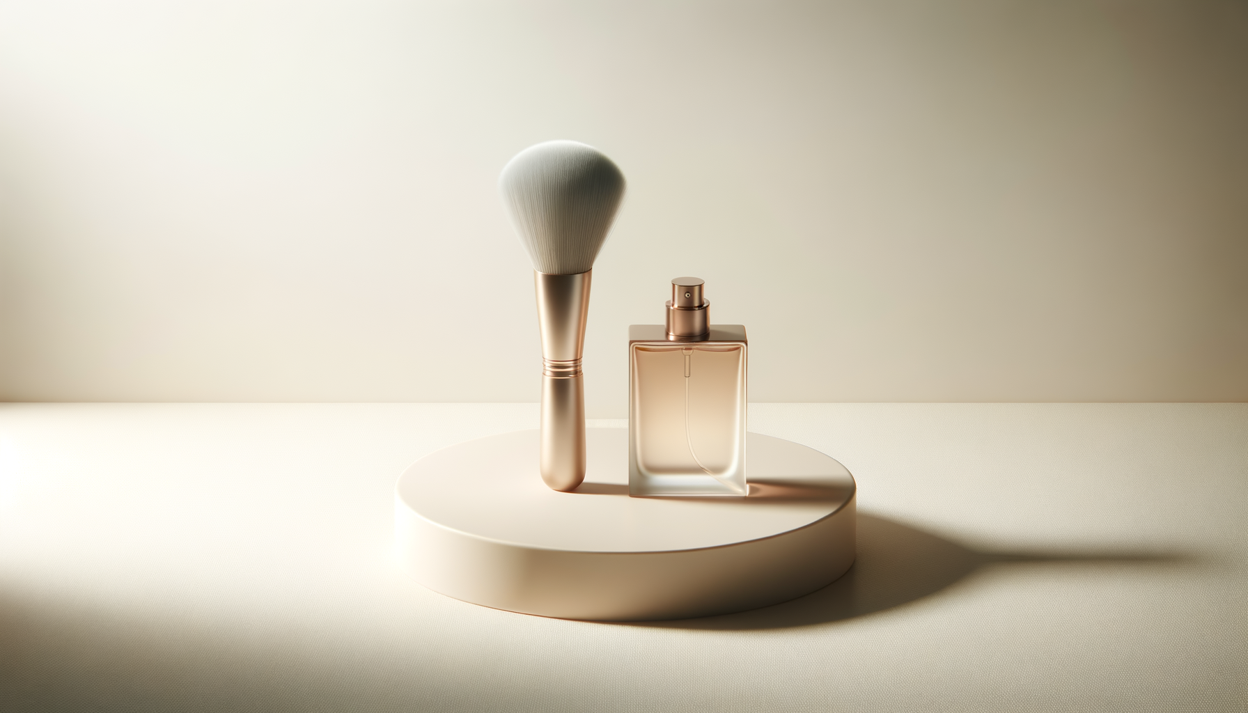 A luxury perfume bottle and a makeup brush on a round pedestal, with soft lighting and neutral background.