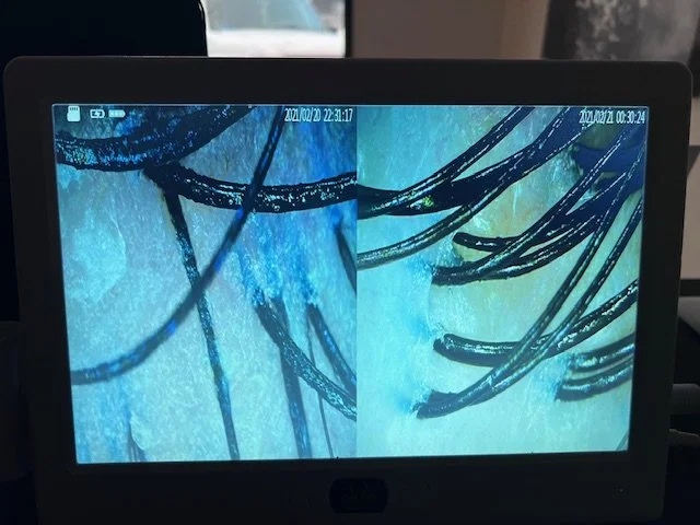 Close-up of black cables or wires on a blue icy surface, displayed on a split-screen monitor.