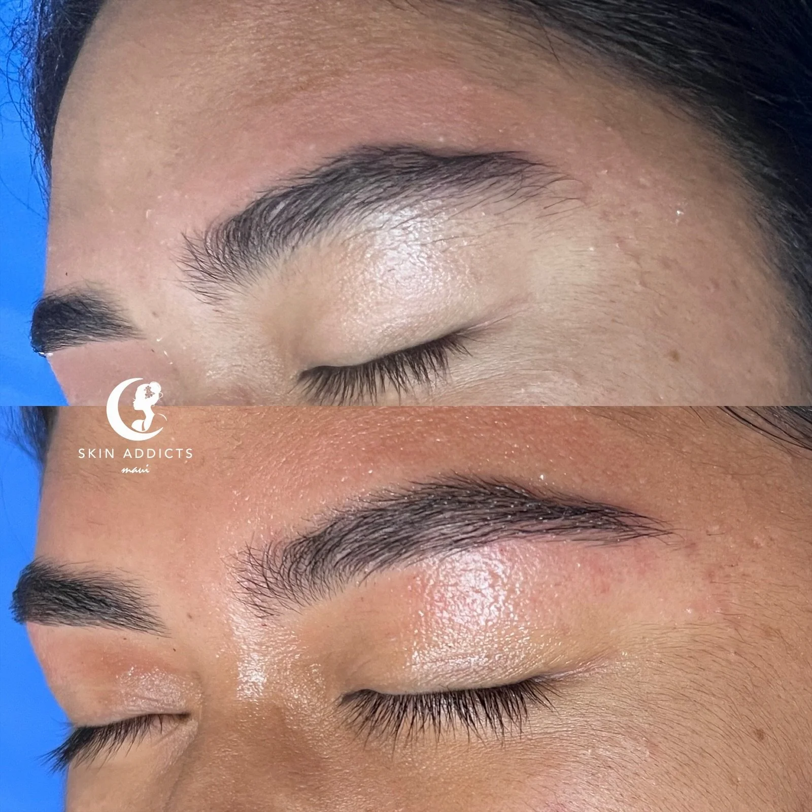 Before and after close-up images of a person's eyebrow and eyelid area, showing a cosmetic eyebrow enhancement procedure. The 'before' image displays natural eyebrows and eyelids, while the 'after' image shows fuller, more defined eyebrows with makeup or microblading. The person's skin appears smooth with a shiny, well-moisturized texture.