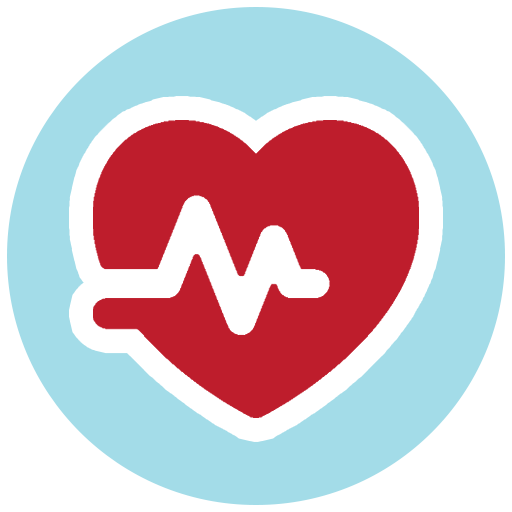 Red heart with a white heartbeat line inside, surrounded by a light blue circular background.